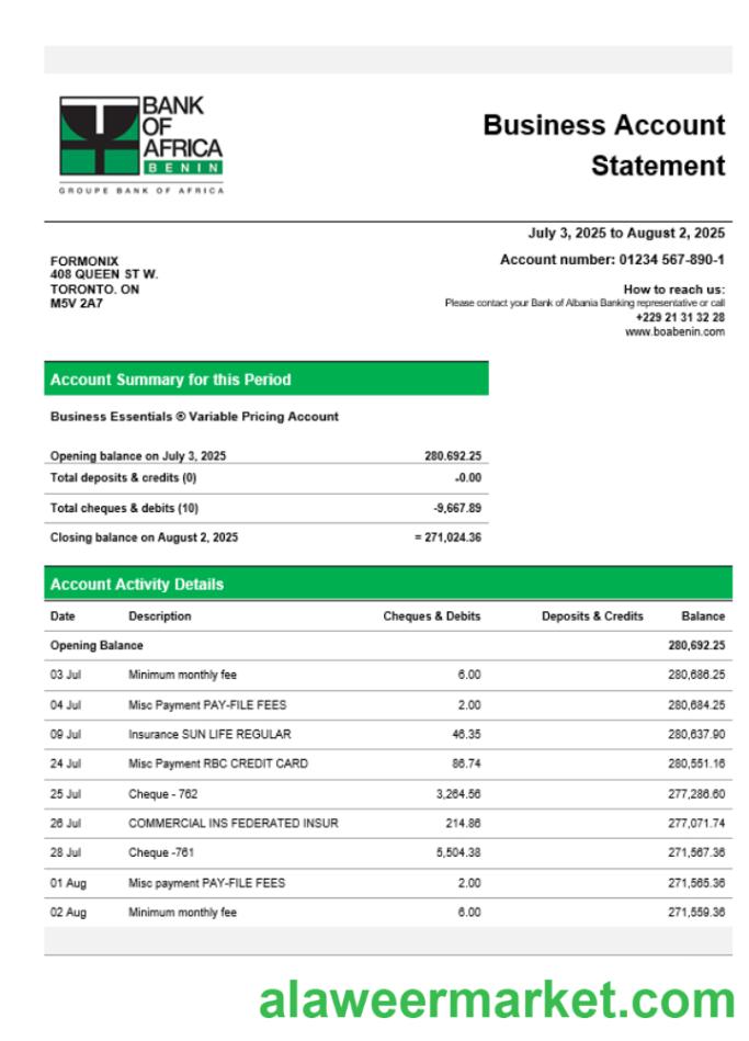Bank of Africa company checking account statement Word and PDF template